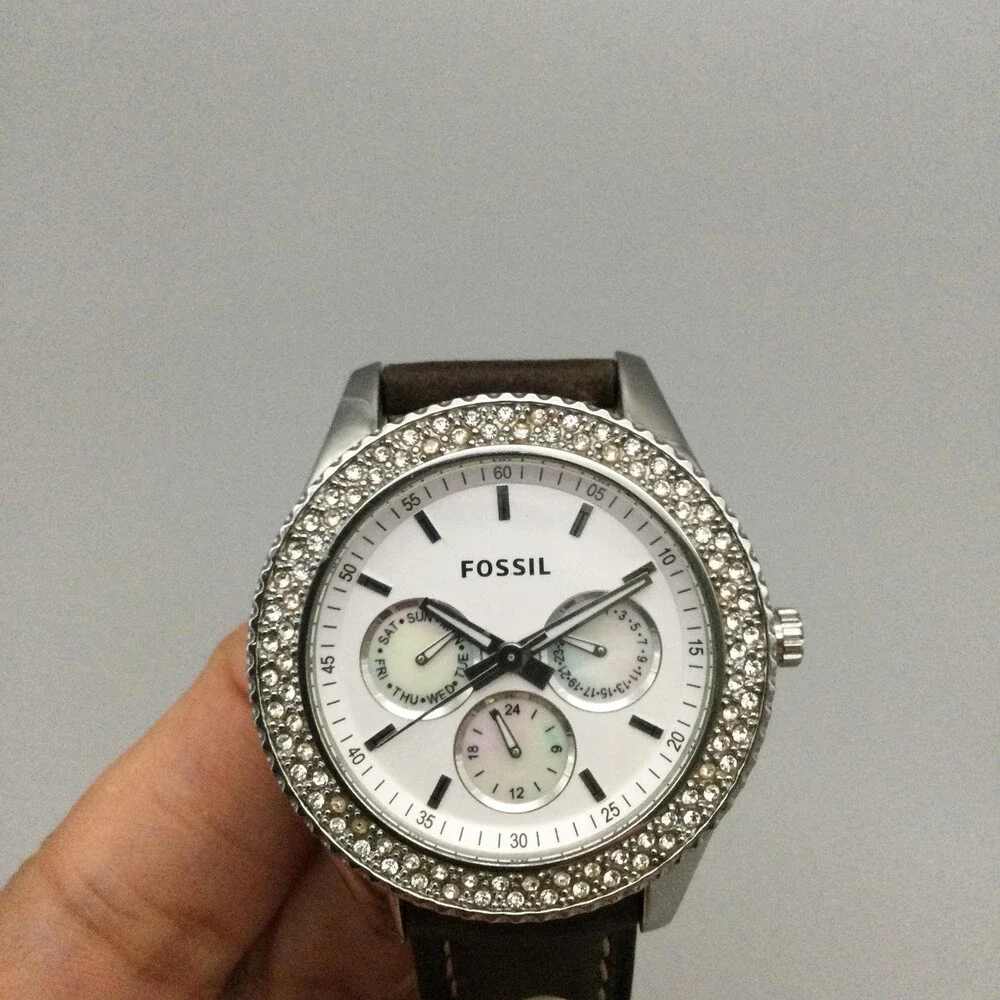 Fossil Stella Women Watch 38mml Brown Leather Crystals Multi ES-2995 New Battyer